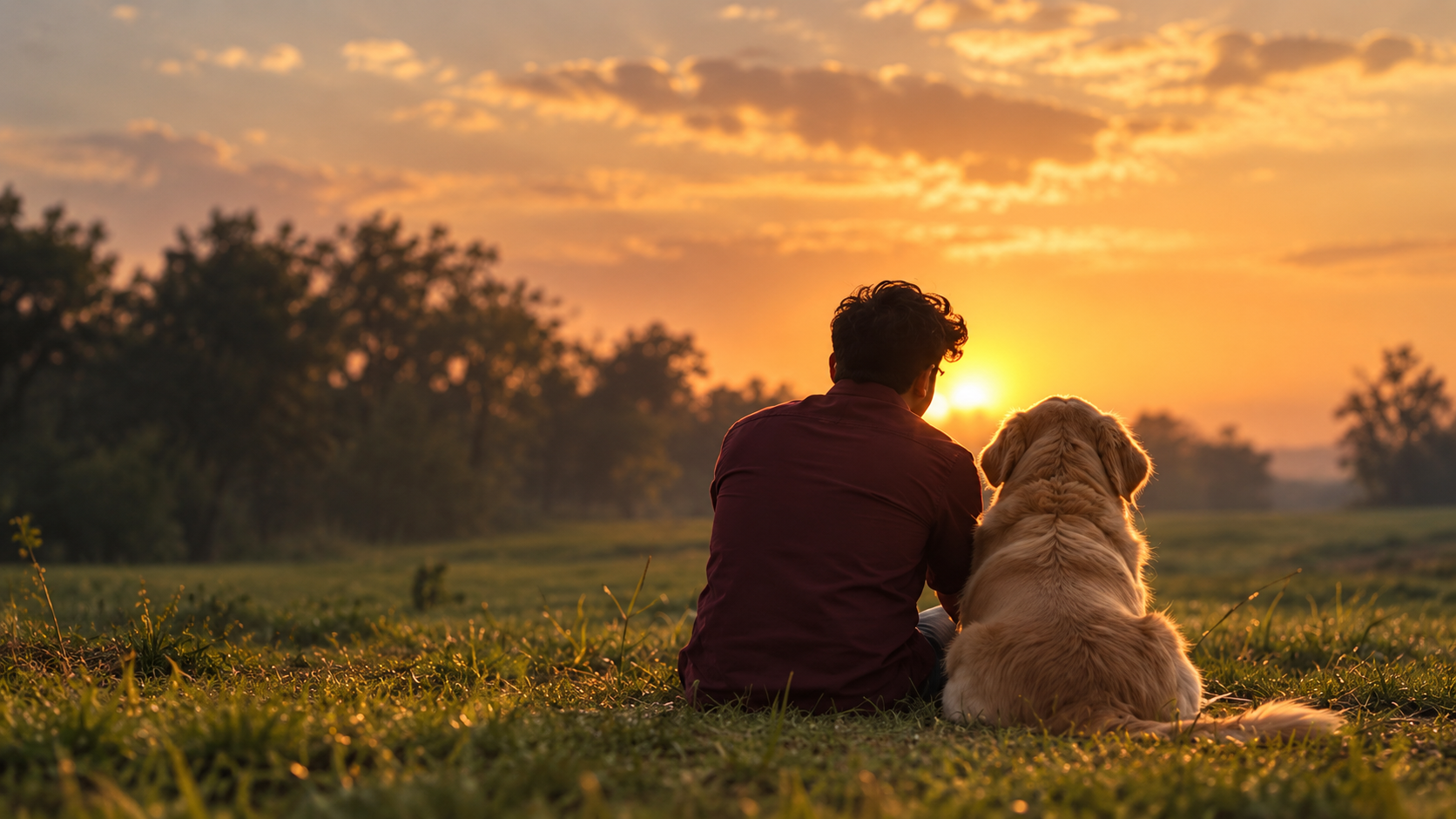 Ujjwal, founder of Shwane Luxe, sitting beside his golden retriever at sunset