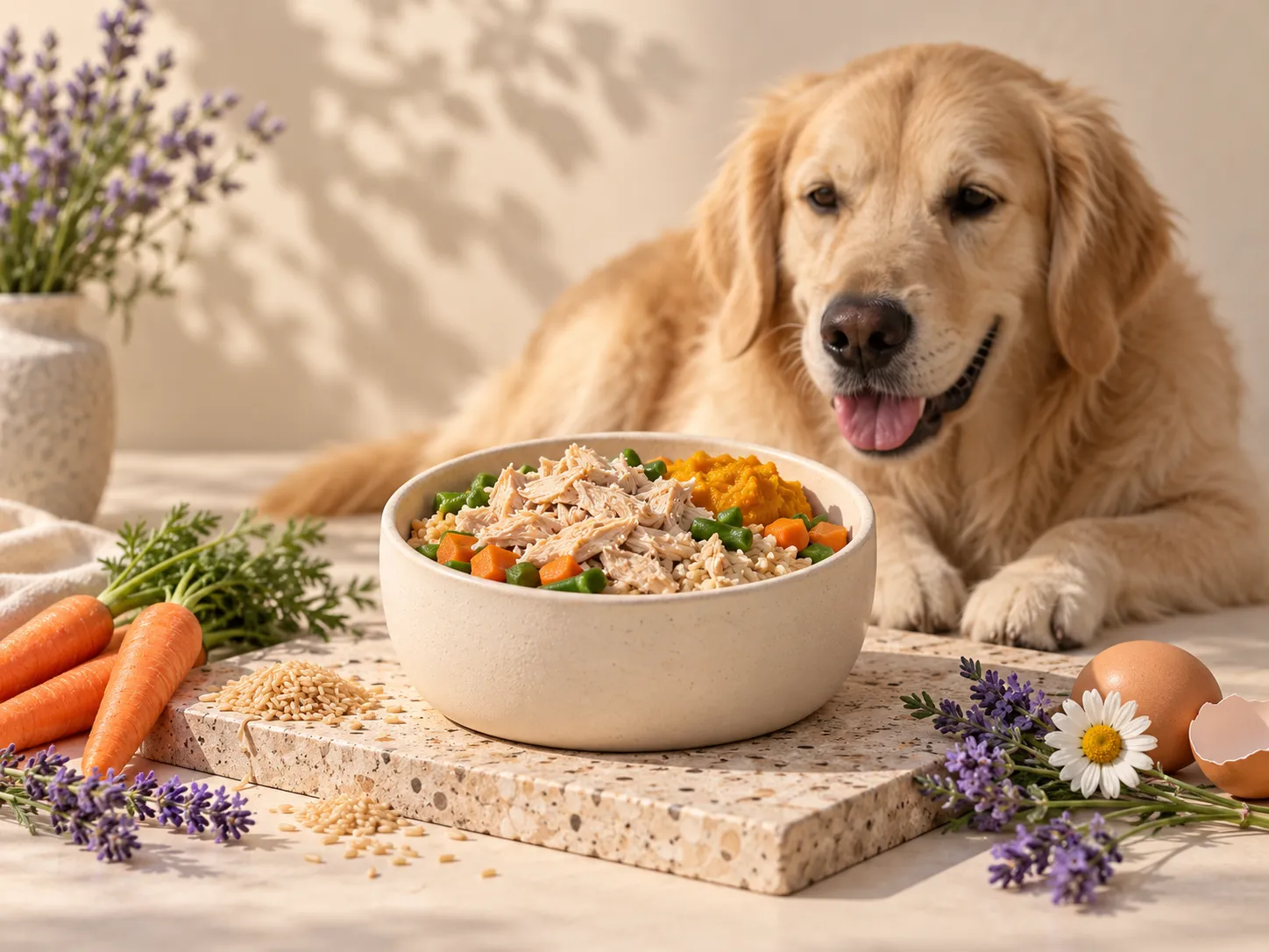 A happy dog beside a bowl of home-cooked food with lavender and chamomile