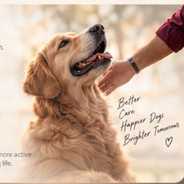 Golden Retriever being petted, with a note reading Better Care, Happier Dogs, Brighter Tomorrows